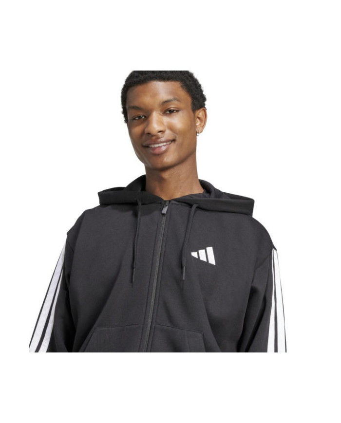 Felpa ADIDAS M 3S FL FZ HD JD1870 nera e righe bianche con cappuccio 
