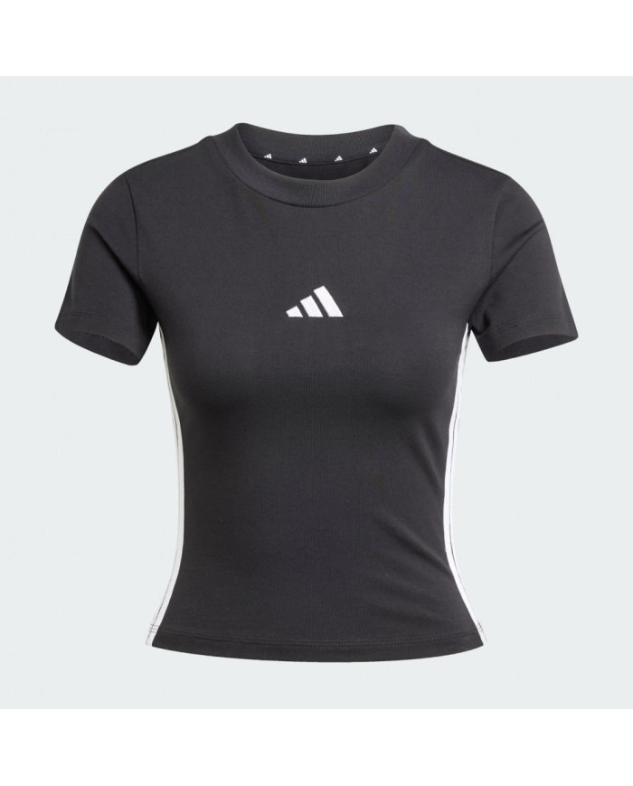Adidas T-shirt donna nera con righe bianche e logo ricamato bianco sportswear Essentials con tre strisce 
