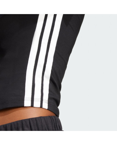 Adidas T-shirt donna nera con righe bianche e logo ricamato bianco sportswear Essentials con tre strisce 
