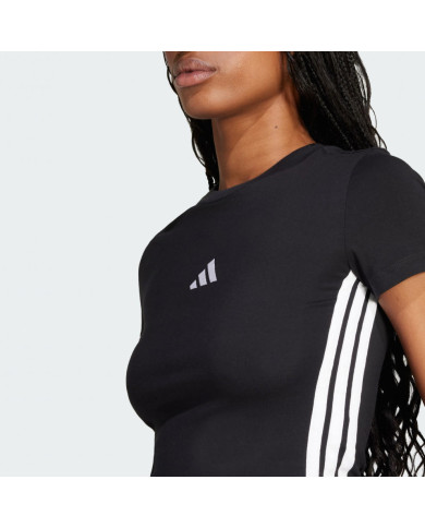 Adidas T-shirt donna nera con righe bianche e logo ricamato bianco sportswear Essentials con tre strisce 
