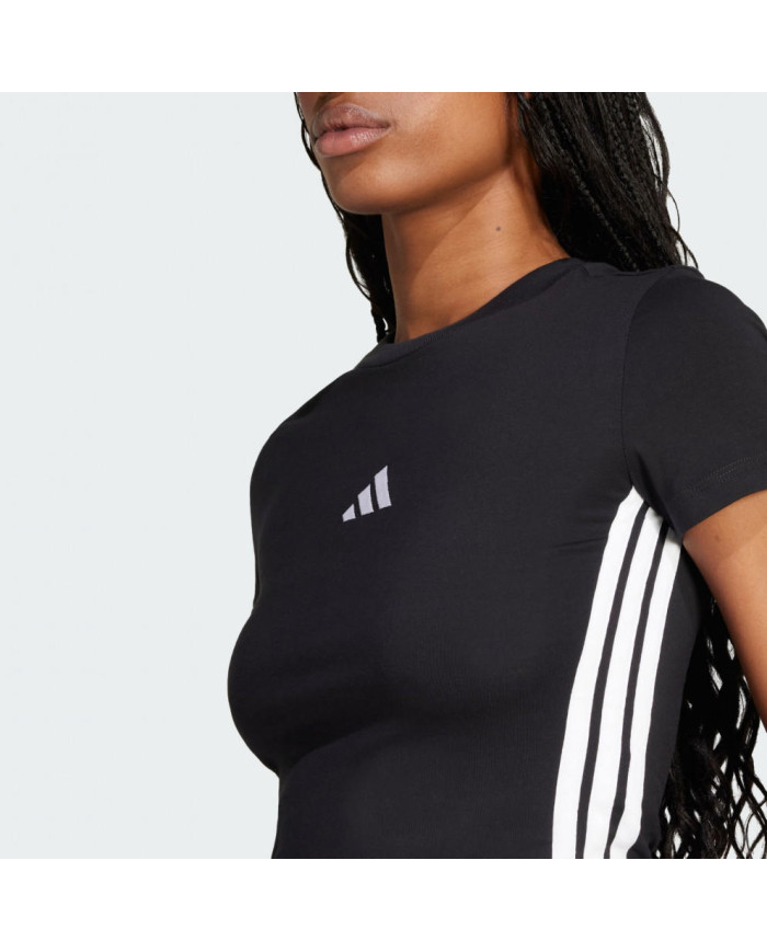 Adidas T-shirt donna nera con righe bianche e logo ricamato bianco sportswear Essentials con tre strisce 
