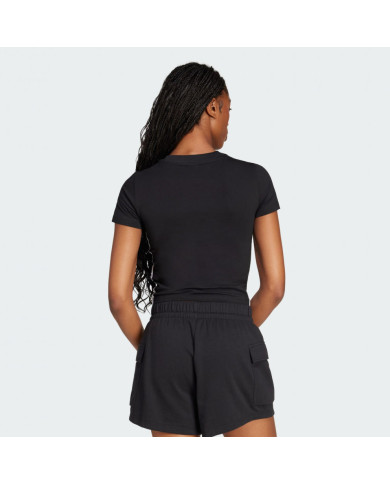 Adidas T-shirt donna nera con righe bianche e logo ricamato bianco sportswear Essentials con tre strisce 
