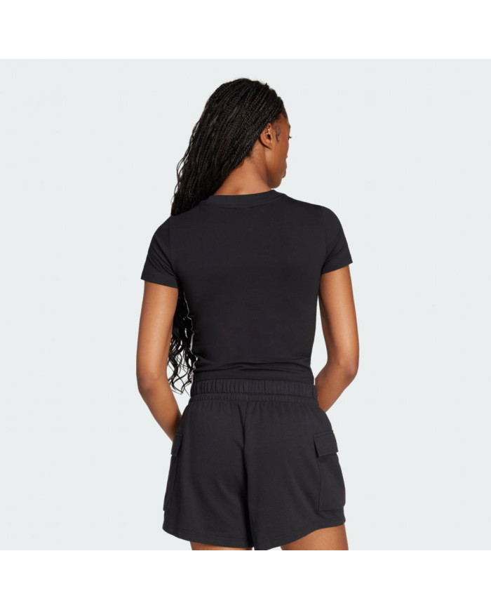 Adidas T-shirt donna nera con righe bianche e logo ricamato bianco sportswear Essentials con tre strisce 
