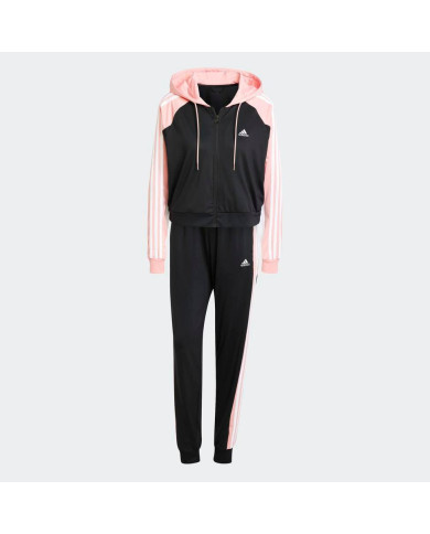 Tuta adidas Completa modello IX1110 con giacca e pantalone color nero con dettagli bianchi e rosa
