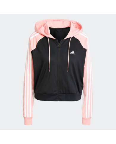 Tuta adidas Completa modello IX1110 con giacca e pantalone color nero con dettagli bianchi e rosa
