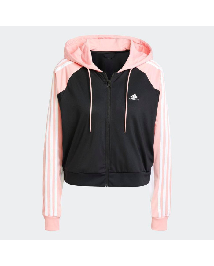 Tuta adidas Completa modello IX1110 con giacca e pantalone color nero con dettagli bianchi e rosa
