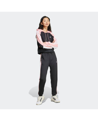 Tuta adidas Completa modello IX1110 con giacca e pantalone color nero con dettagli bianchi e rosa
