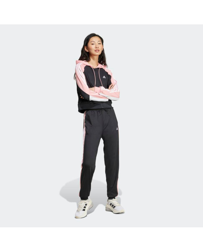 Tuta adidas Completa modello IX1110 con giacca e pantalone color nero con dettagli bianchi e rosa
