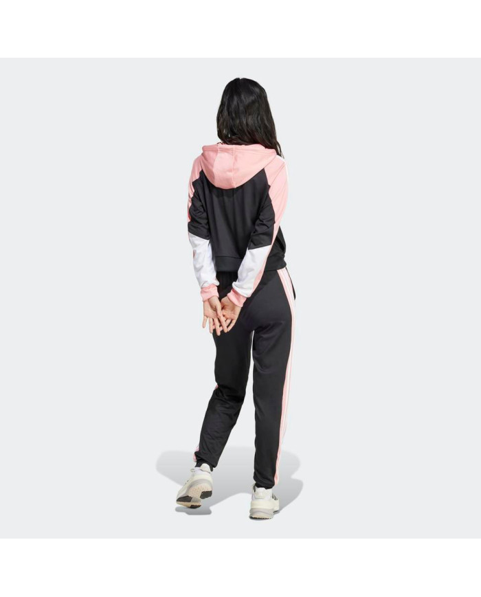 Tuta adidas Completa modello IX1110 con giacca e pantalone color nero con dettagli bianchi e rosa
