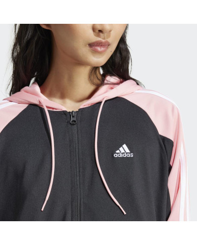 Tuta adidas Completa modello IX1110 con giacca e pantalone color nero con dettagli bianchi e rosa
