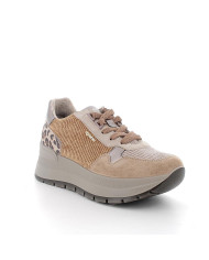 Sneakers con zeppa da donna beige con lacci e rifinitura a costine 

