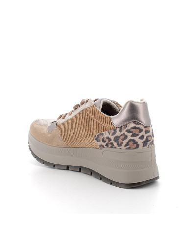 Sneakers con zeppa da donna beige con lacci e rifinitura a costine 
