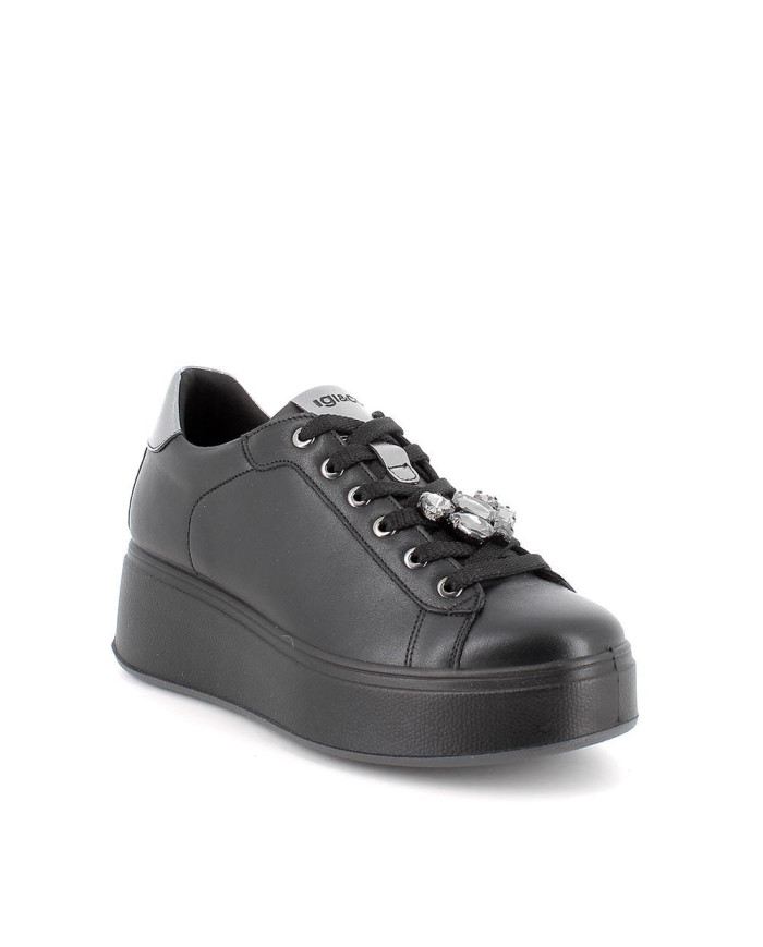 Sneakers con zeppa da donna nero con lacci e gioiello 
