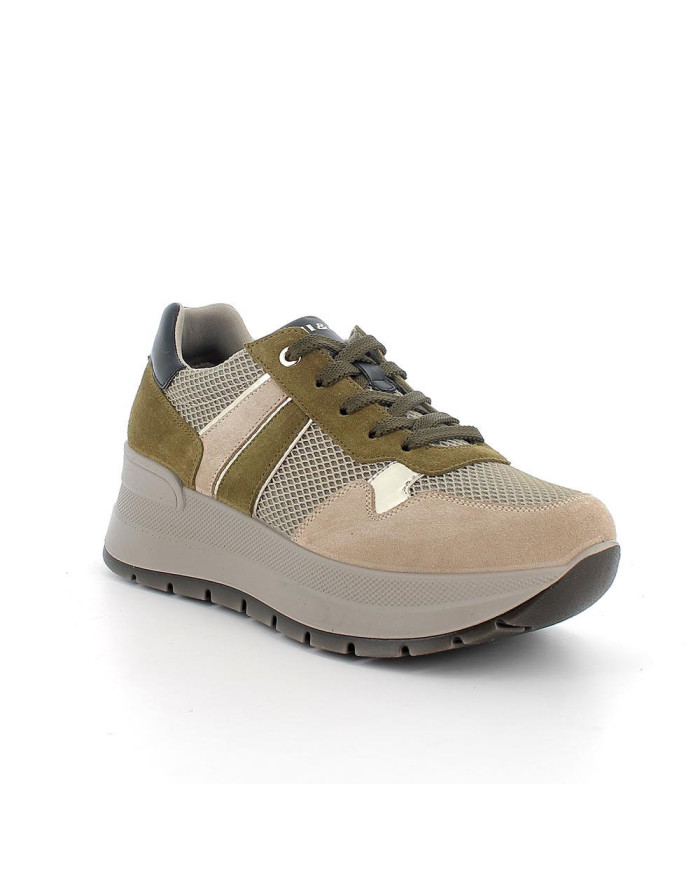 Sneakers con zeppa da donna beige e verde con lacci
