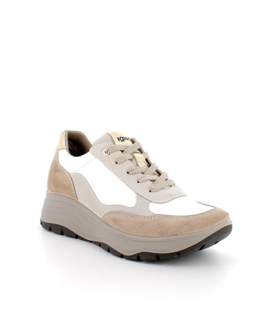Sneakers da donna Igi&Co con zeppa da donna beige e bianco con lacci
